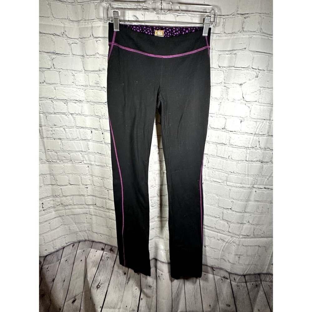 Lucy Women Black Purple Contrast Stitch Yoga Pants Athletic Leggings Size XS